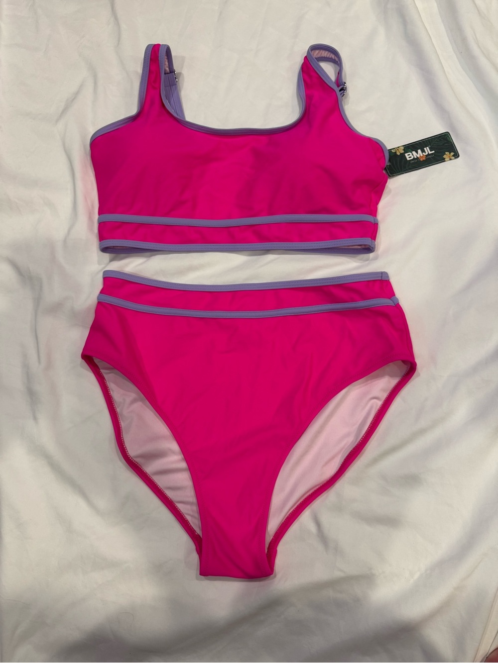 New Amazon size L Hot Pink High-Waist Bikini Set with Lilac Trim